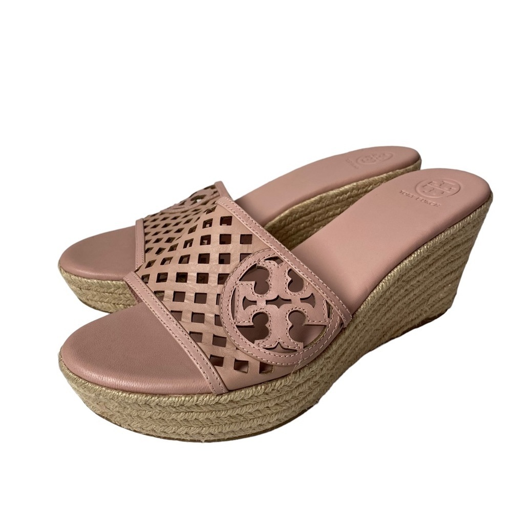 Tory Burch Woman’s Pale Pink Leather Espadrilles Wedge Platform Size 9 M